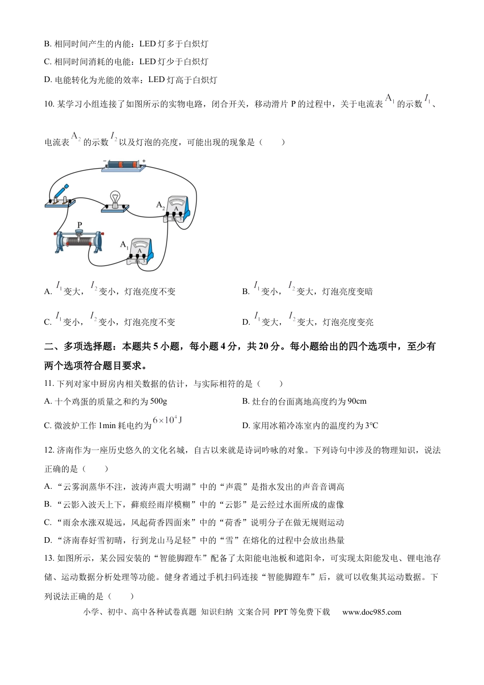 【中考历年真题】精品解析：2024年山东省济南市中考物理试题（原卷版）.docx