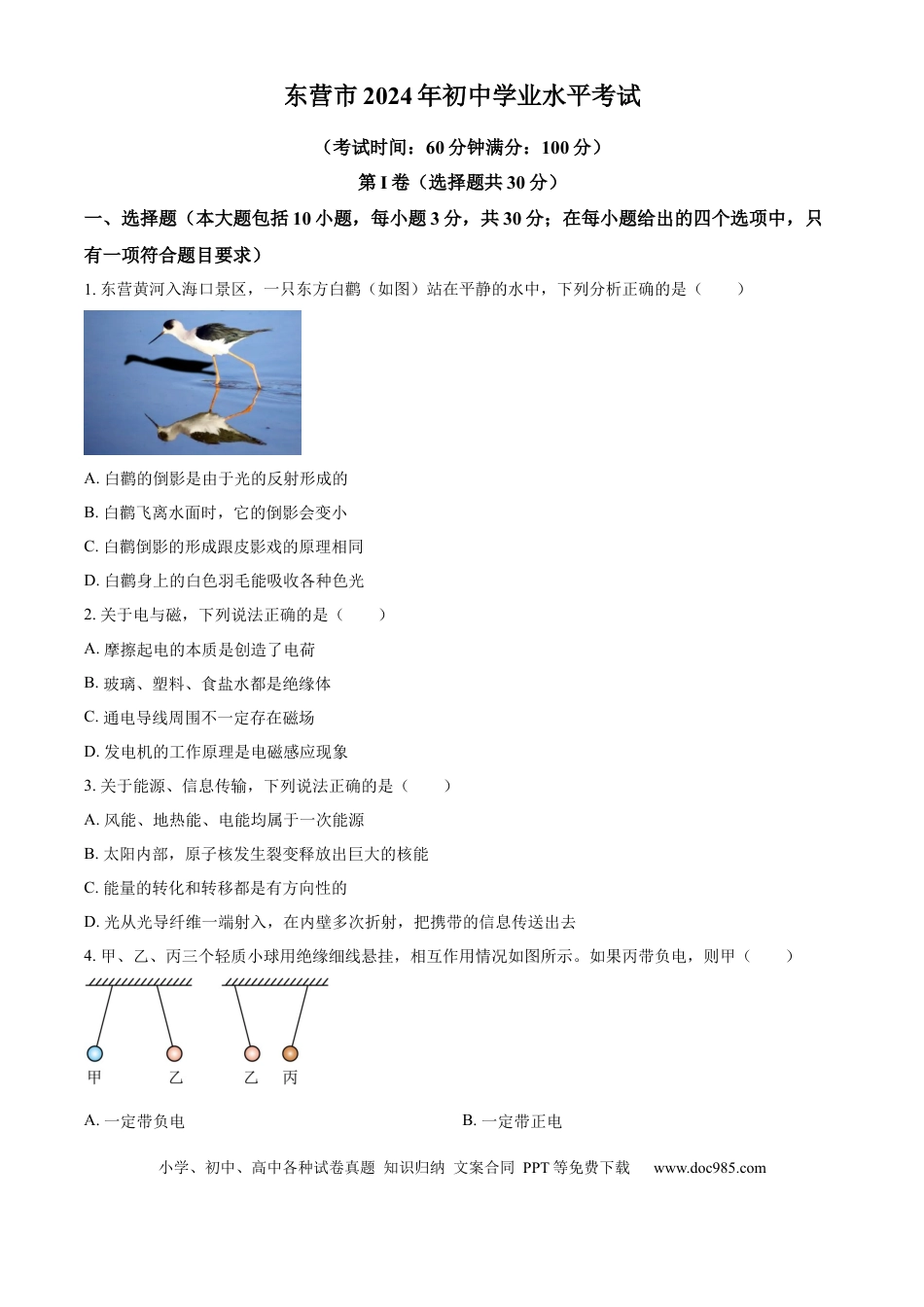 【中考历年真题】精品解析：2024年山东省东营市中考物理试题（原卷版）.docx
