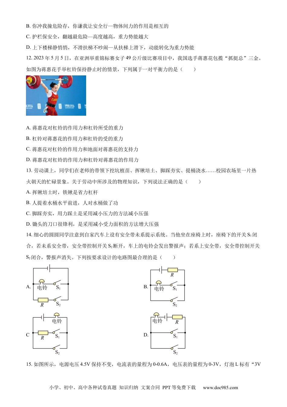 【中考历年真题】精品解析：2023年湖南省邵阳市中考物理试题（原卷版）.docx