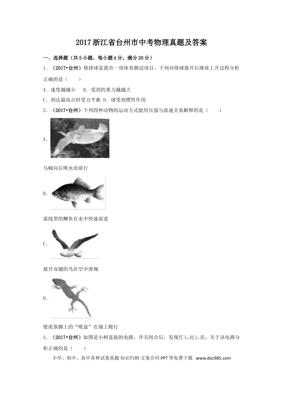 【中考历年真题】2017浙江省台州市中考物理真题及答案.doc