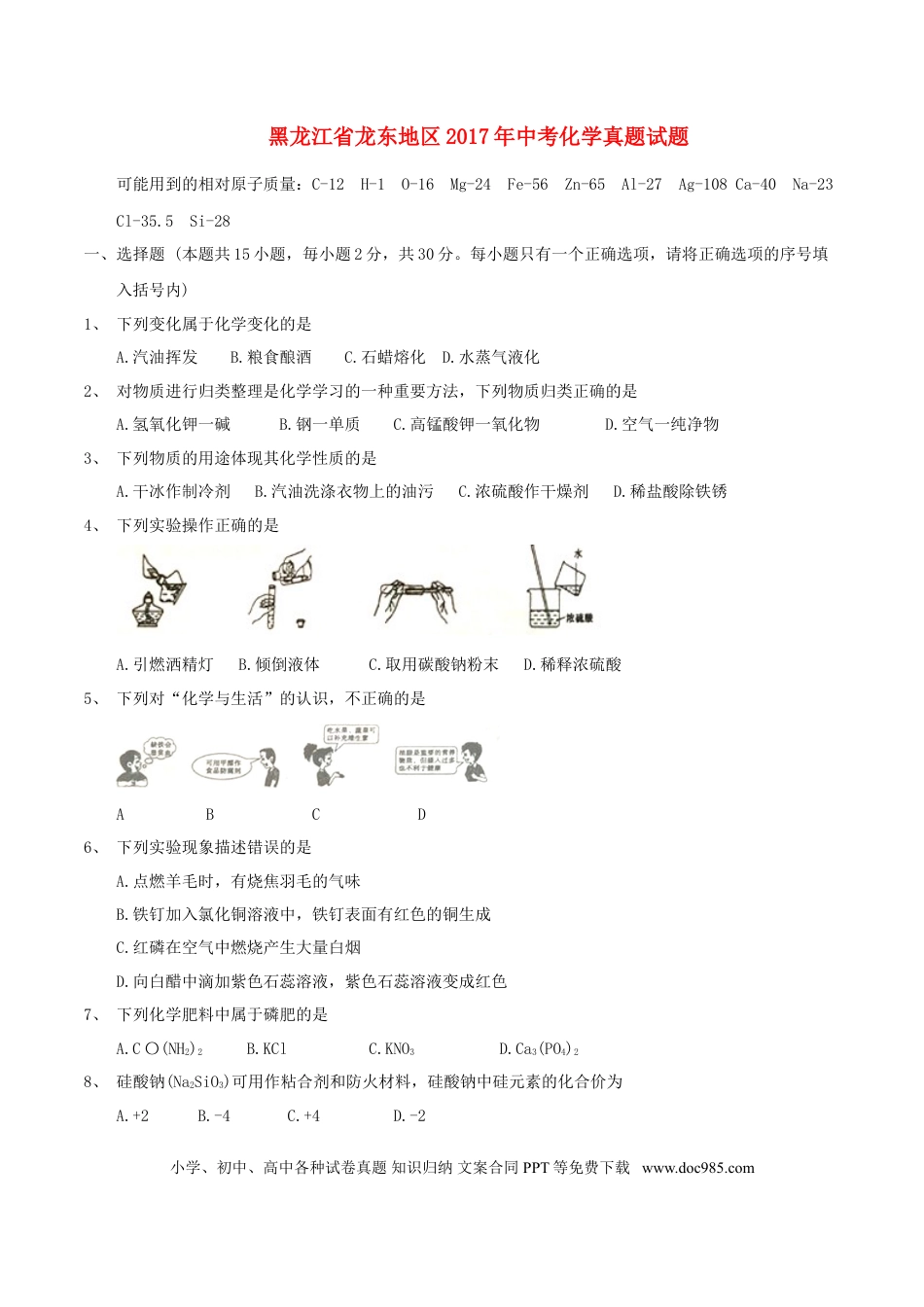 【中考历年真题】黑龙江省龙东地区2017年中考化学真题试题（含答案）.doc