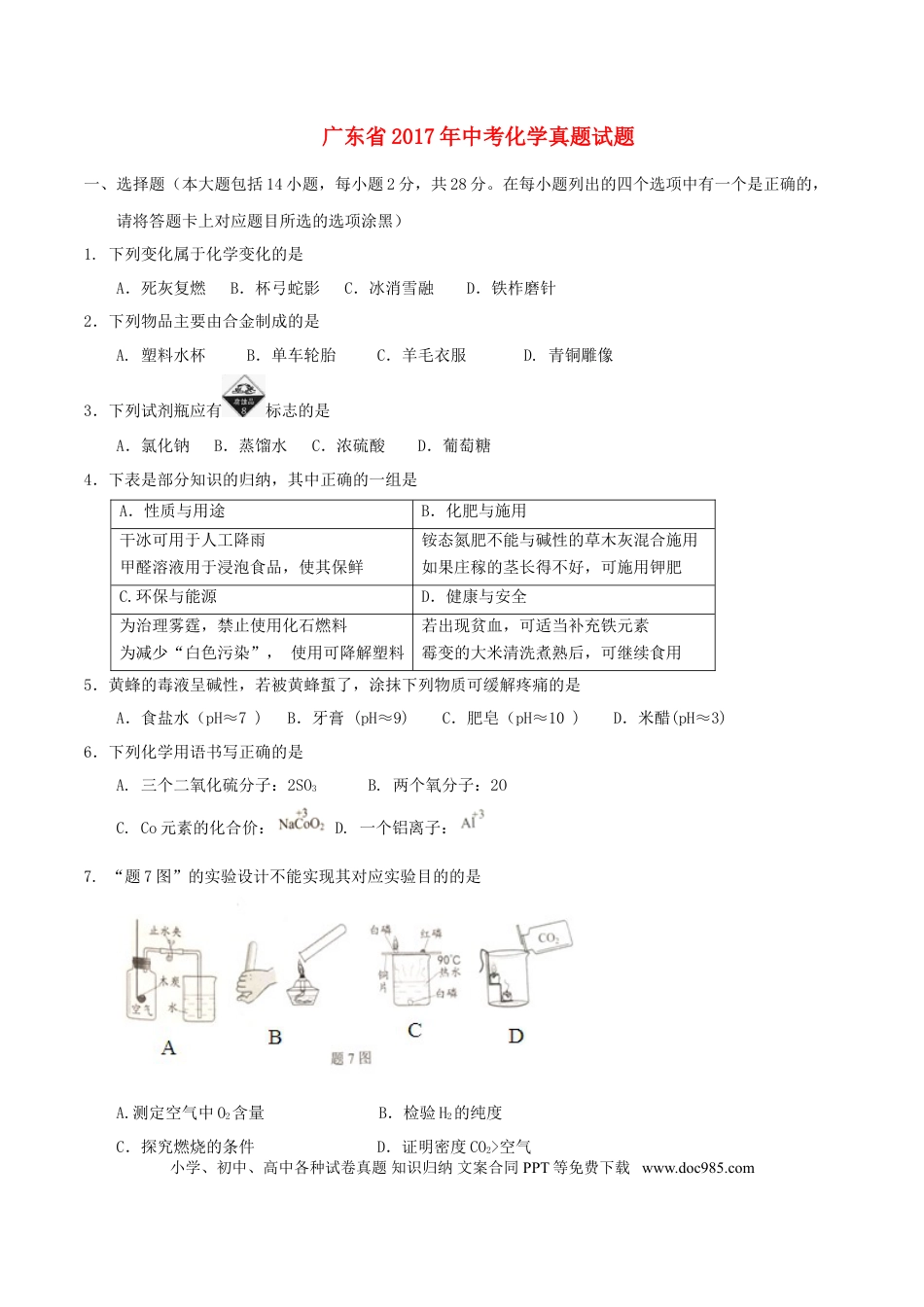 【中考历年真题】广东省2017年中考化学真题试题（含扫描答案）.doc