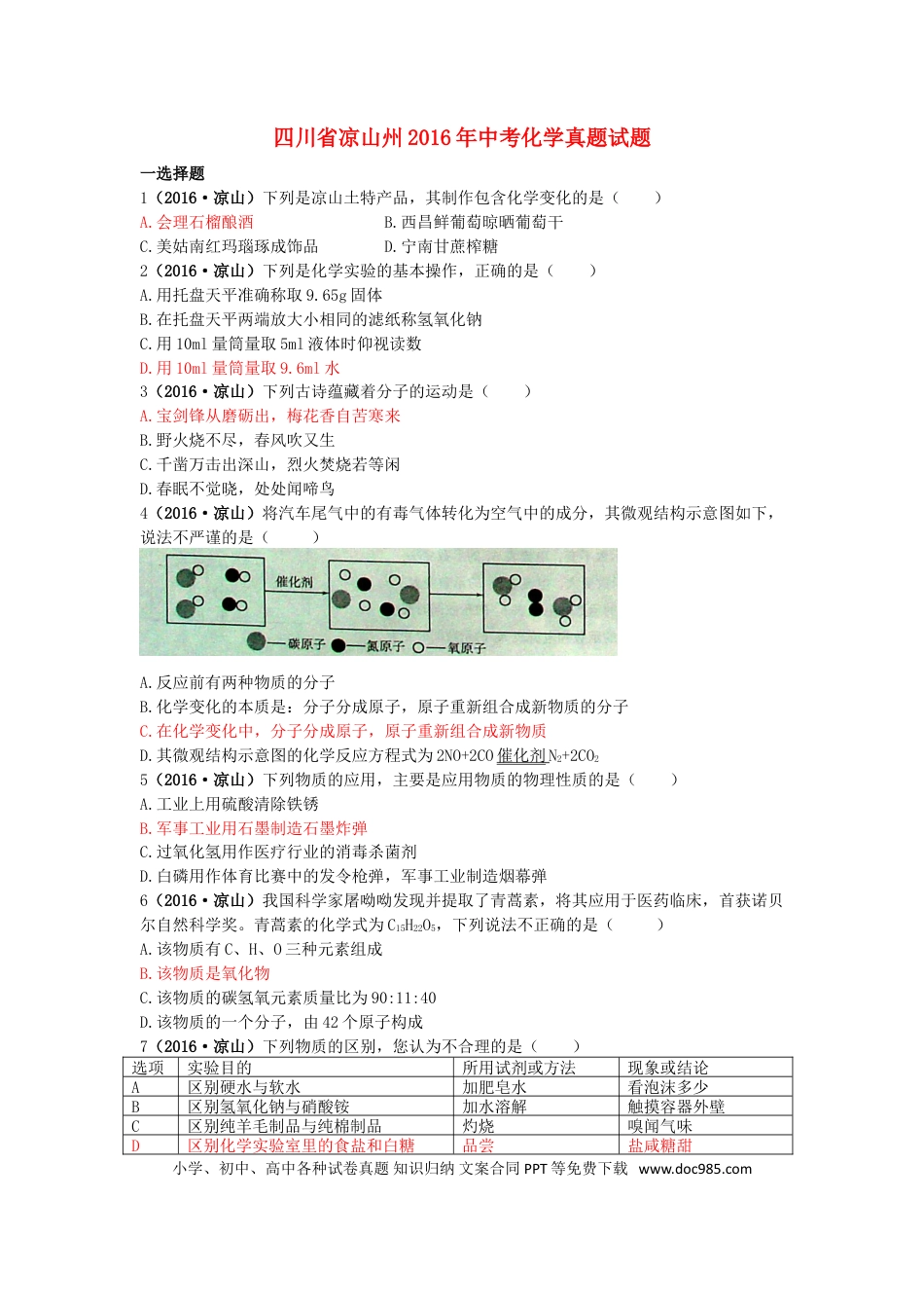 【中考历年真题】四川省凉山州2016年中考化学真题试题（含答案）.doc