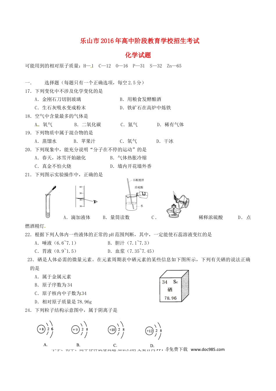 【中考历年真题】四川省乐山市2016年中考化学真题试题（含答案）.doc
