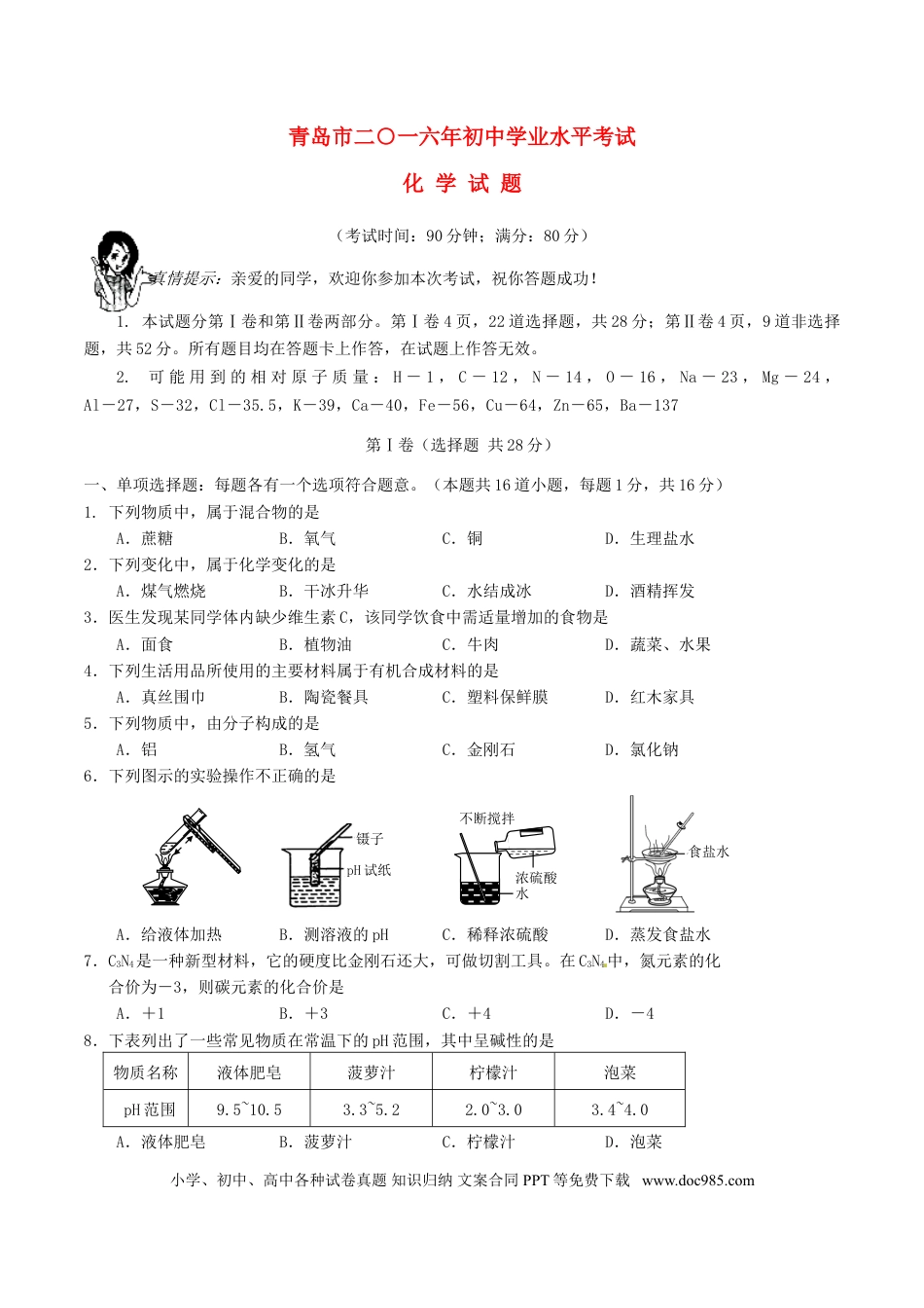 【中考历年真题】山东省青岛市2016年中考化学真题试题（含答案）.doc