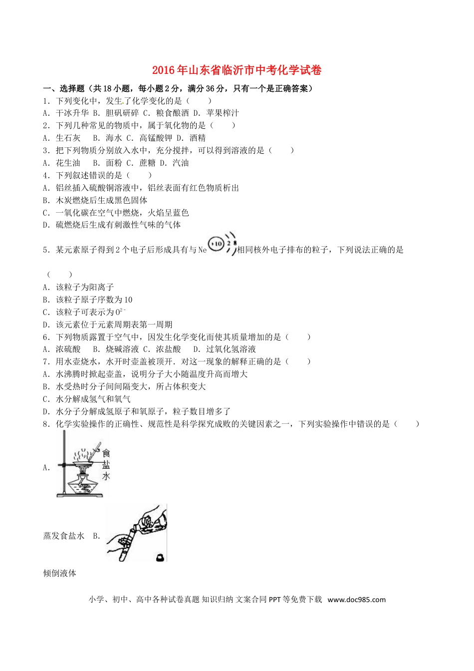 【中考历年真题】山东省临沂市2016年中考化学真题试题（含解析）.doc