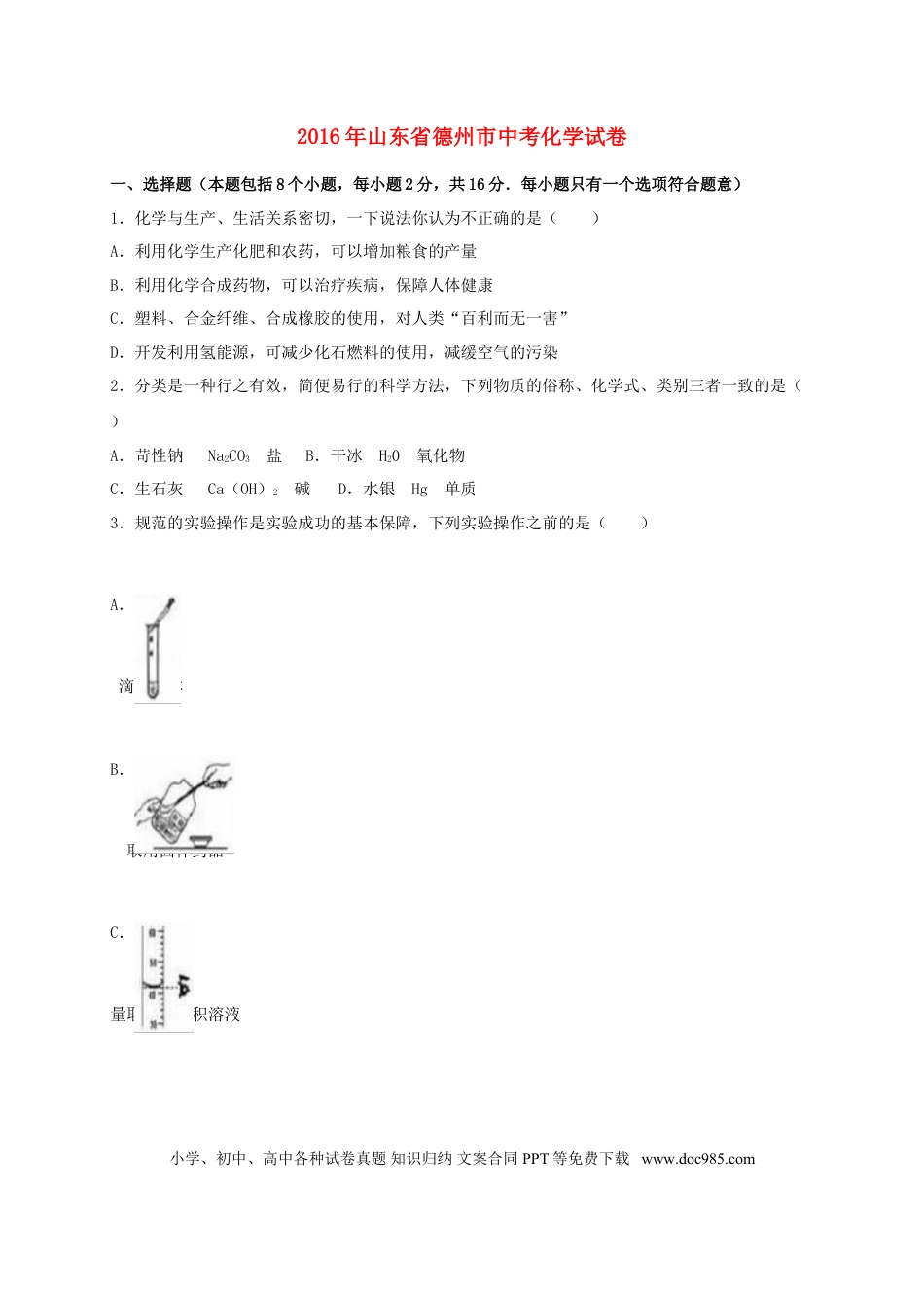 【中考历年真题】山东省德州市2016年中考化学真题试题（含解析）.doc