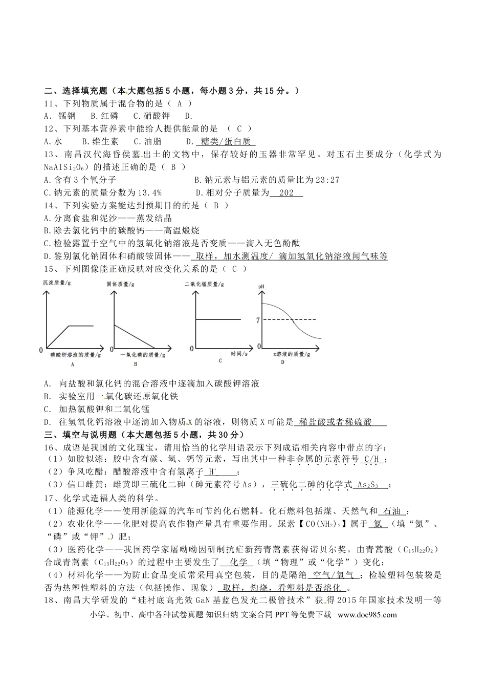 【中考历年真题】江西省2016年中考化学真题试题（含答案）.doc