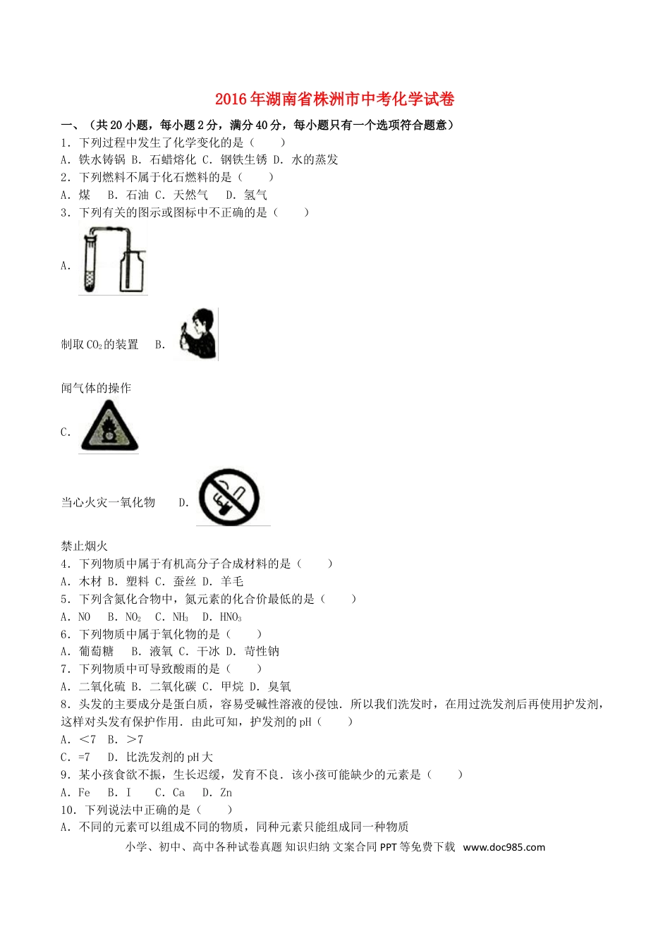 【中考历年真题】湖南省株洲市2016年中考化学真题试题（含解析）.doc