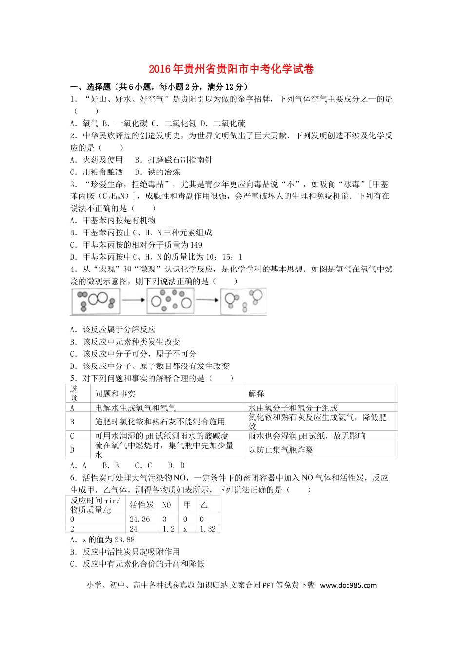 【中考历年真题】贵州省贵阳市2016年中考化学试卷（含解析）.doc