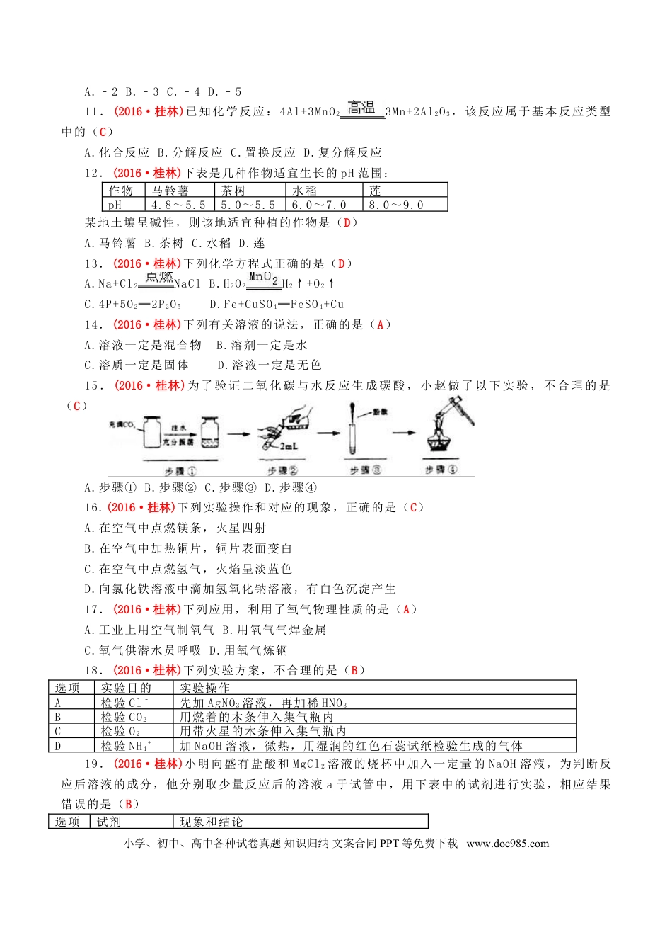 【中考历年真题】广西桂林市2016年中考化学真题试题（含答案）.doc