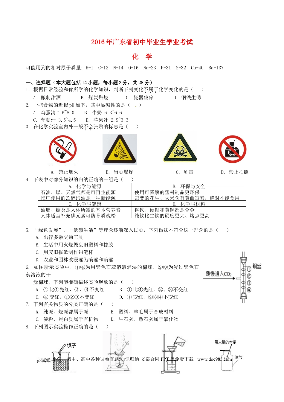 【中考历年真题】广东省2016年中考化学真题试题（含答案）.doc