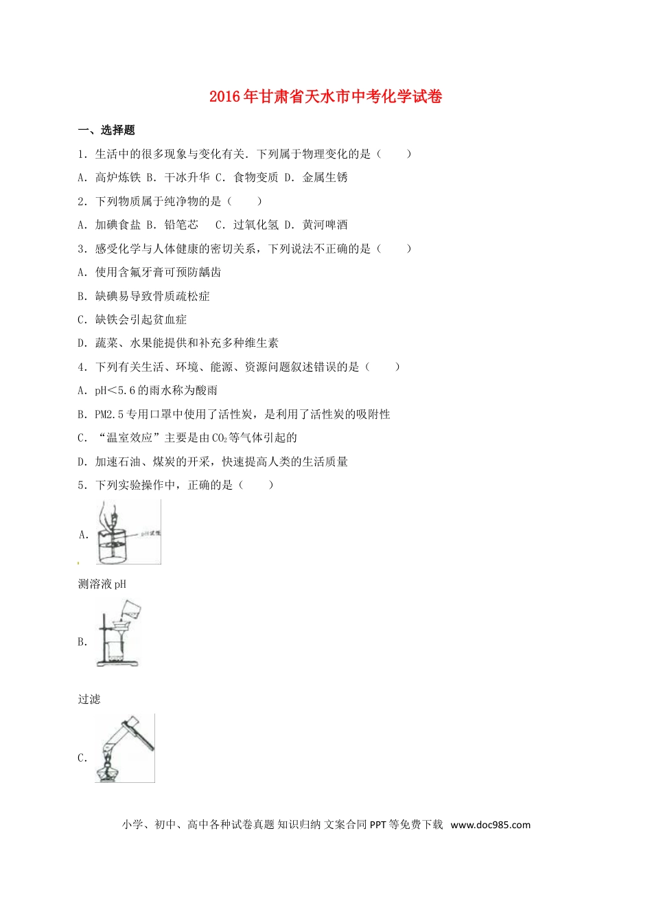 【中考历年真题】甘肃省天水市2016年中考化学真题试题（含解析）.doc