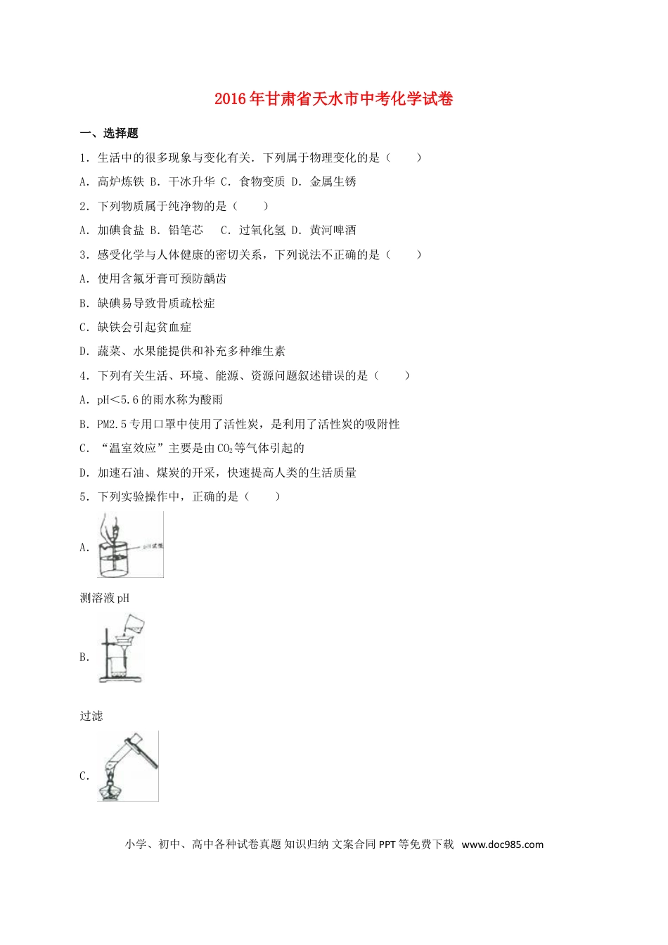【中考历年真题】甘肃省天水市2016年中考化学真题试卷（含解析）.doc