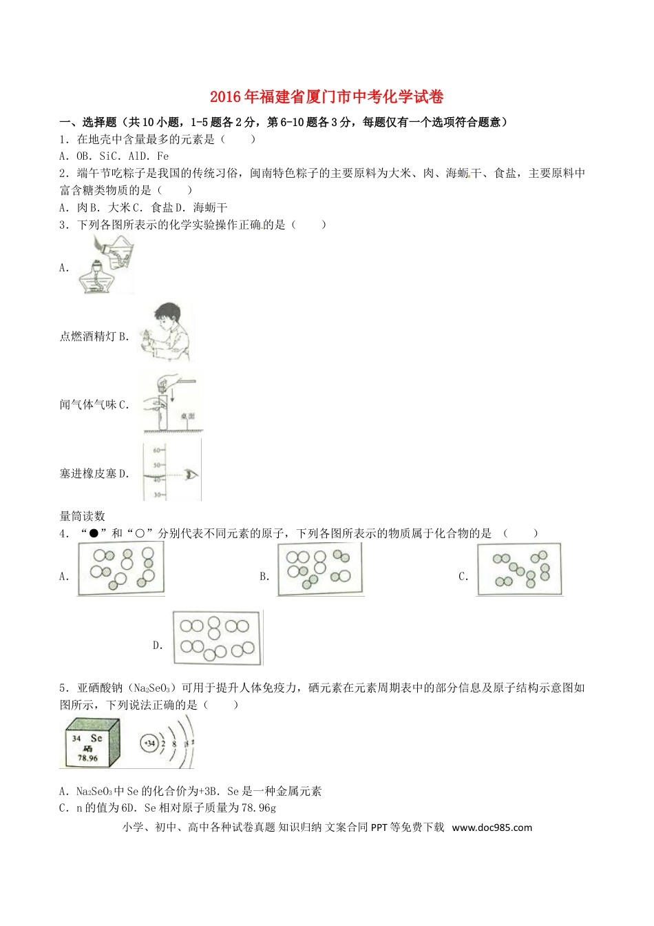 【中考历年真题】福建省厦门市2016年中考化学真题试题（含解析）.doc