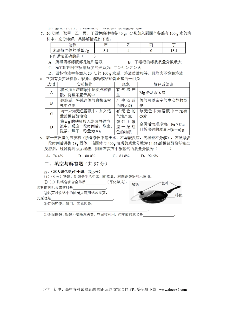 【中考历年真题】四川省绵阳市2015年中考化学真题试题（扫描版，含答案）.doc