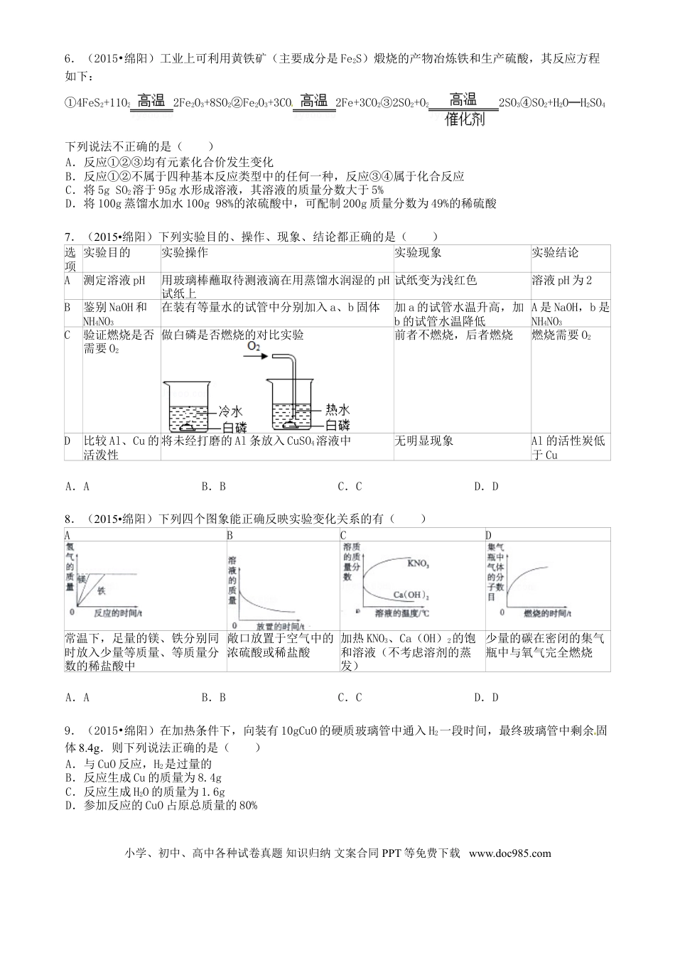 【中考历年真题】四川省绵阳市2015年中考化学真题试题（含答案）.doc