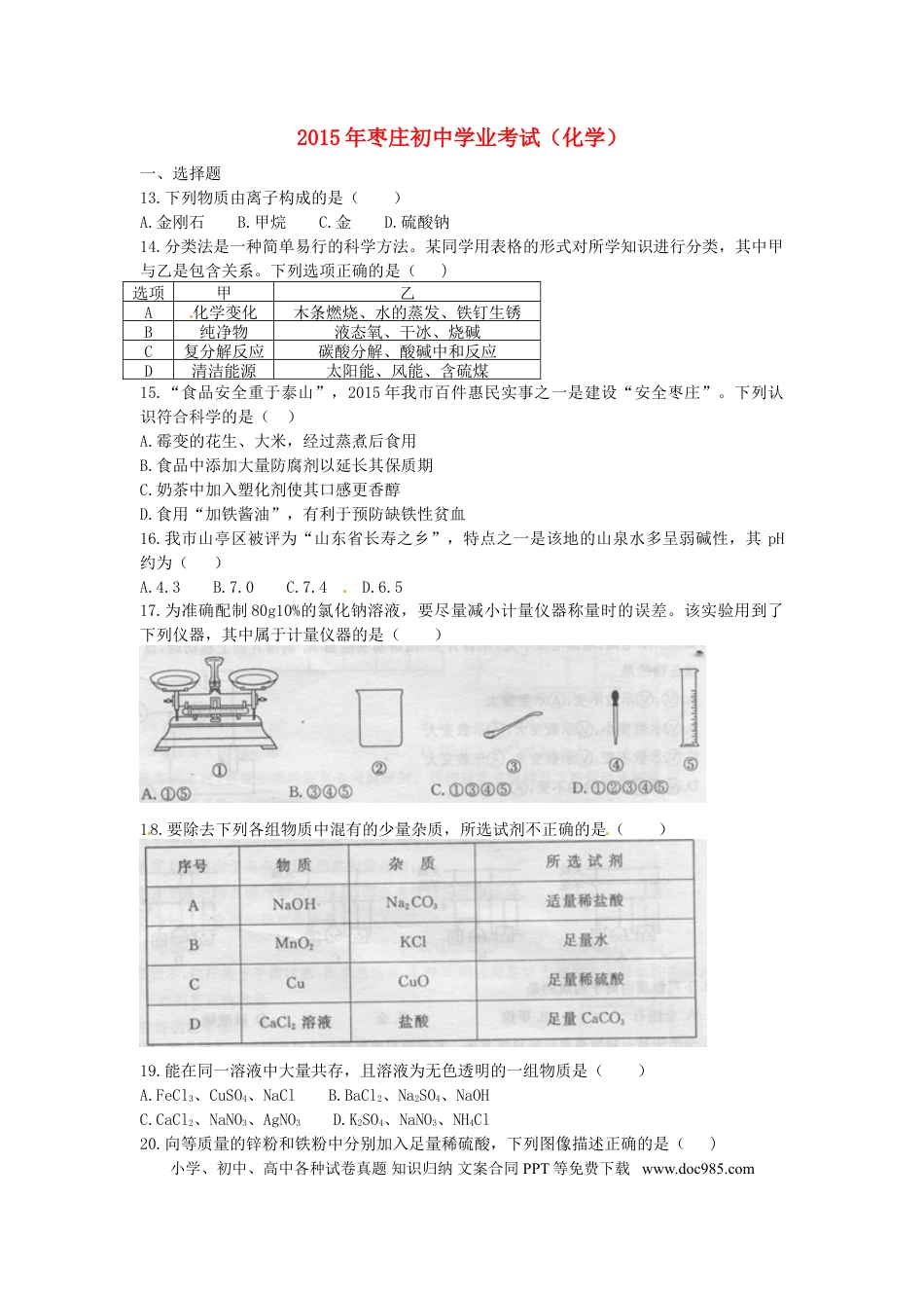 【中考历年真题】山东省枣庄市2015年中考化学真题试题（含扫描答案）.doc