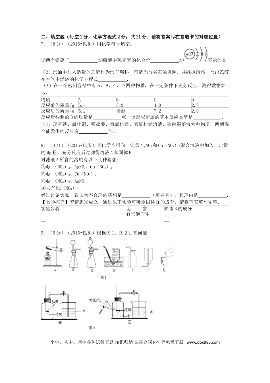 【中考历年真题】内蒙古包头市、乌兰察布市2015年中考化学真题试题（含答案）.doc