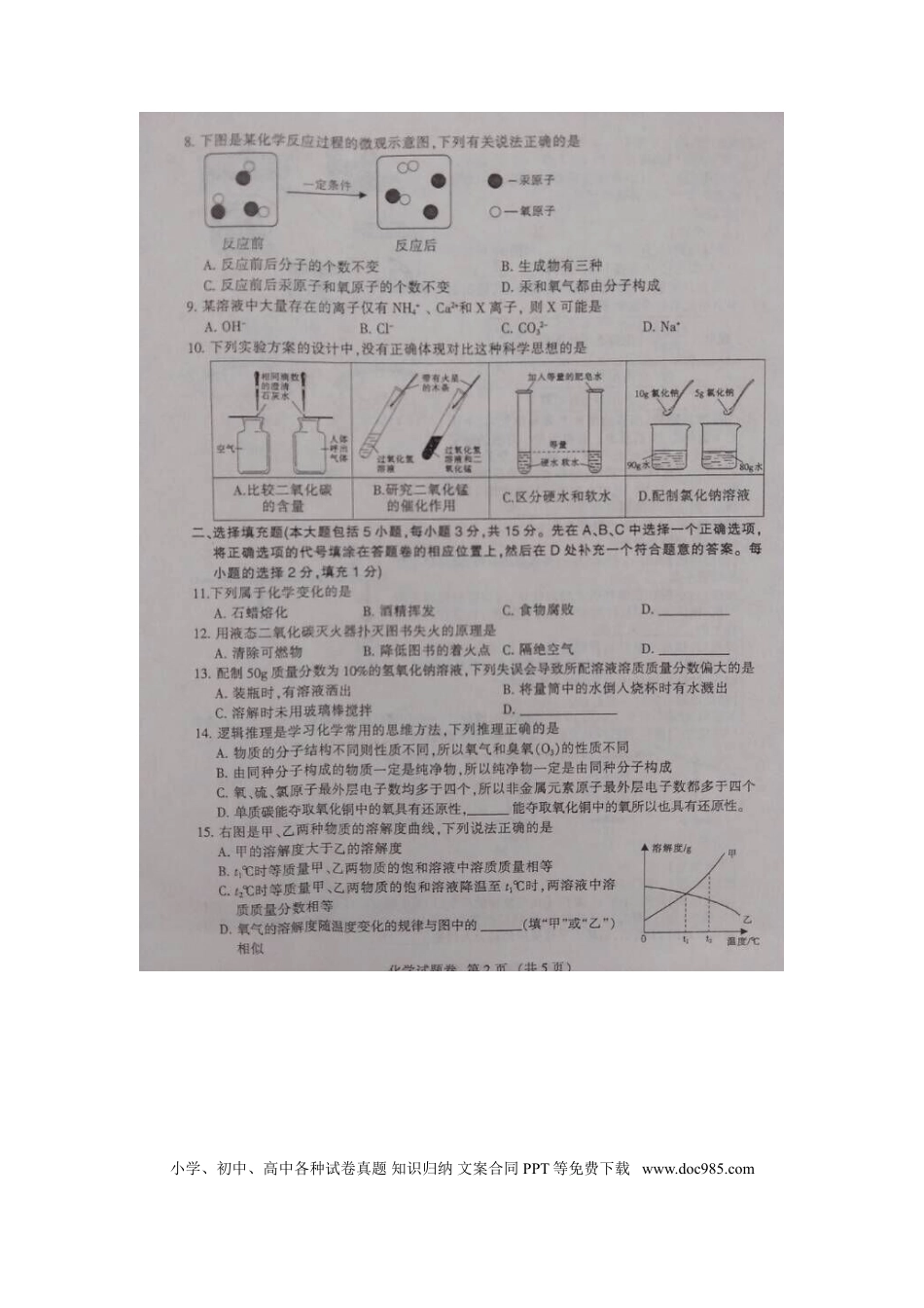 【中考历年真题】江西省2015年中考化学真题试题（扫描版，含答案）.doc