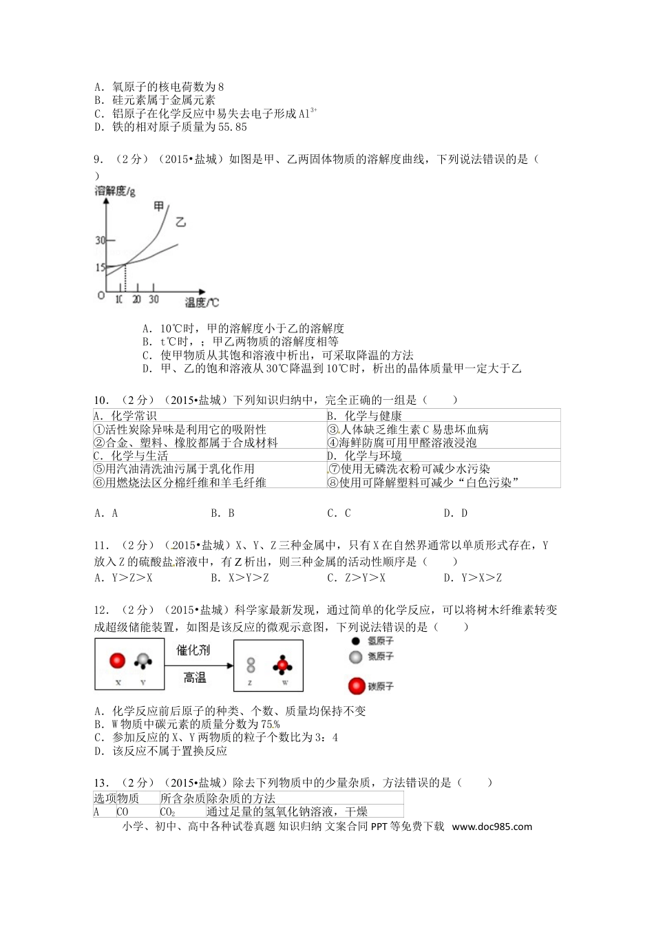【中考历年真题】江苏省盐城市2015年中考化学真题试题（含扫描答案）.doc