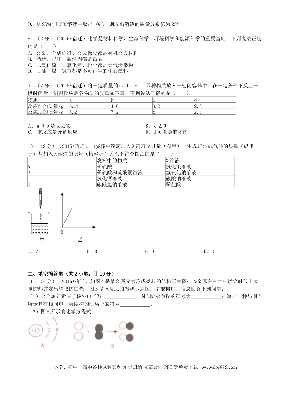 【中考历年真题】江苏省宿迁市2015年中考化学真题试题（含答案）.doc