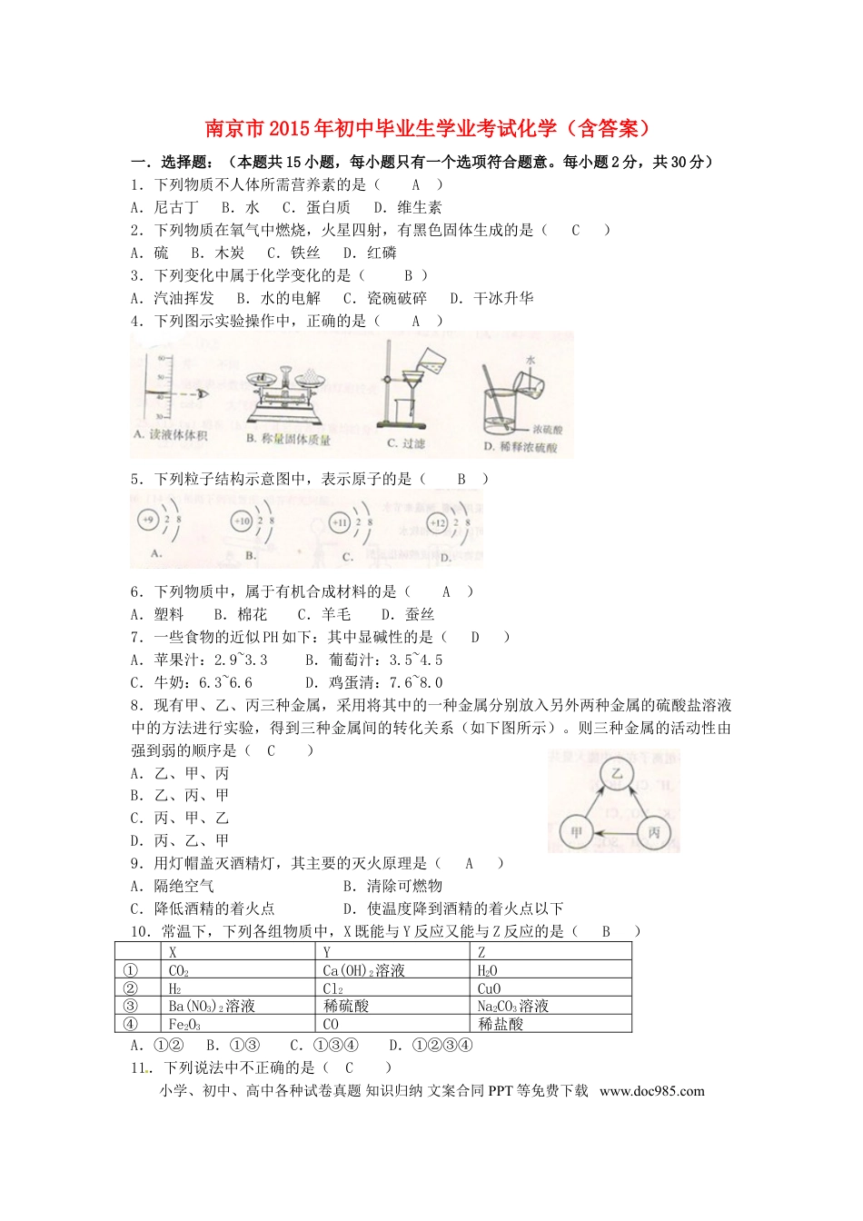 【中考历年真题】江苏省南京市2015年中考化学真题试题（含答案）.doc
