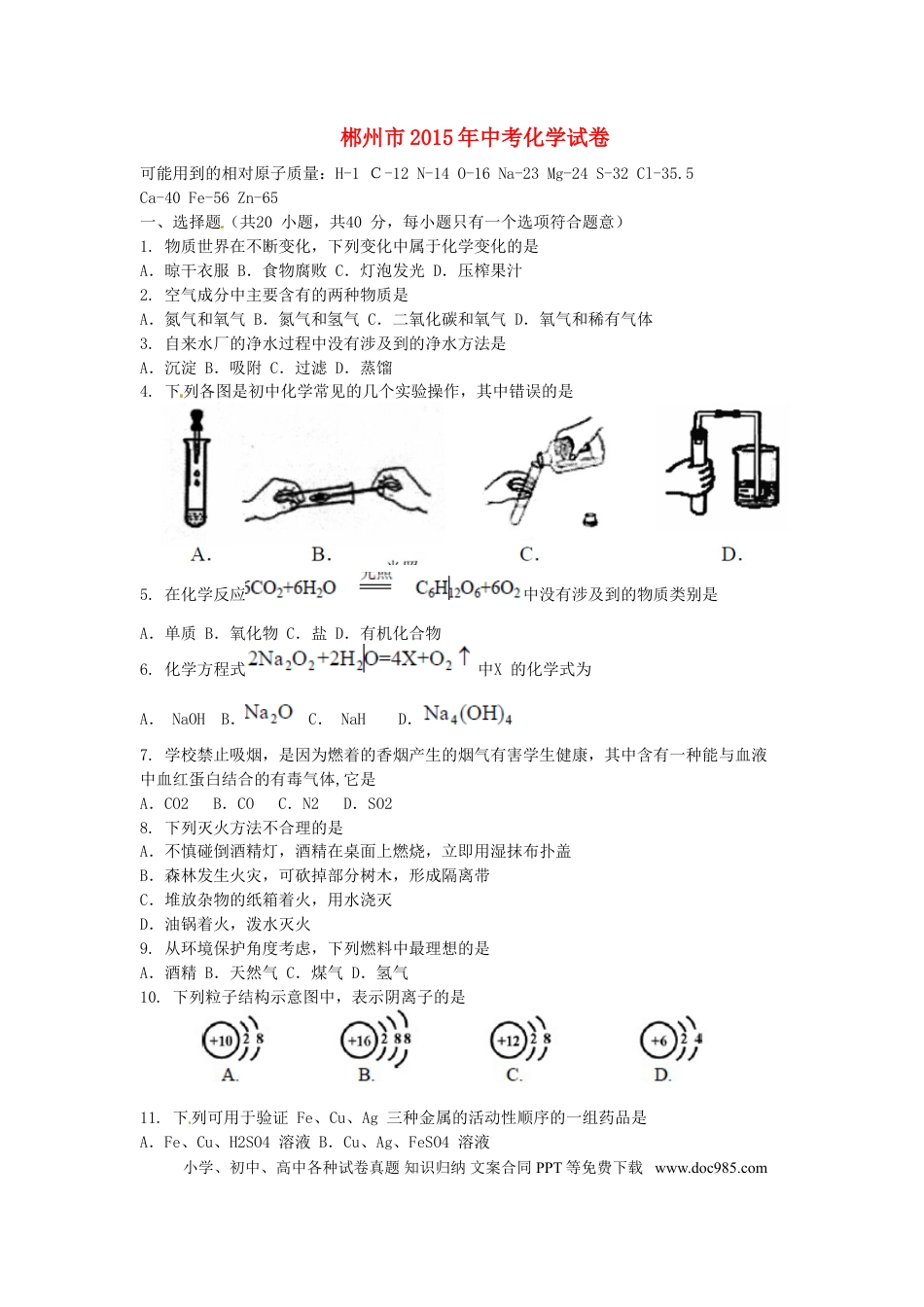 【中考历年真题】湖南省郴州市2015年中考化学真题试题（含扫描答案）.doc