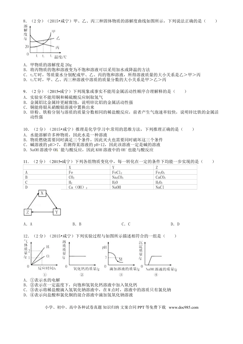 【中考历年真题】湖北省咸宁市2015年中考化学真题试题（含答案）.doc