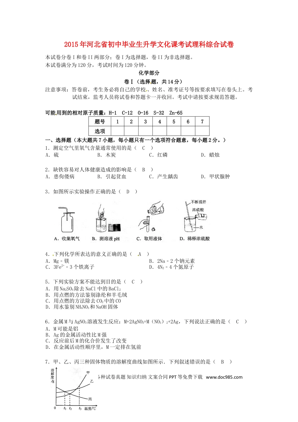 【中考历年真题】河北省2015年中考化学真题试题（含答案）.doc