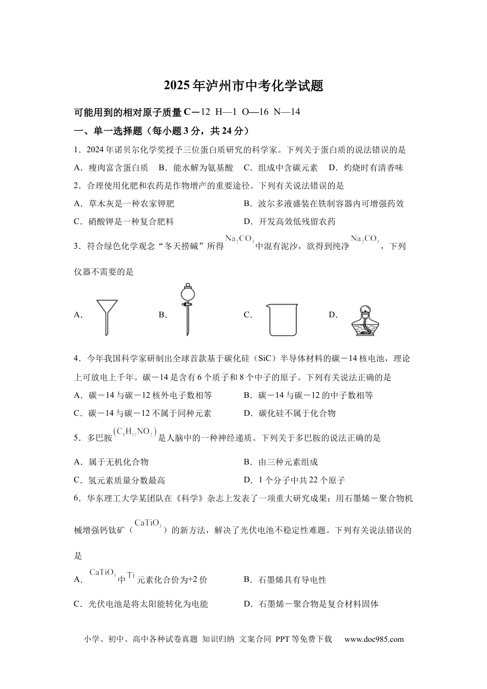 【中考历年真题】2025年四川省泸州市中考化学真题.docx
