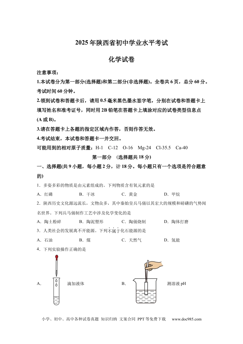 【中考历年真题】2025年陕西省中考化学真题.docx
