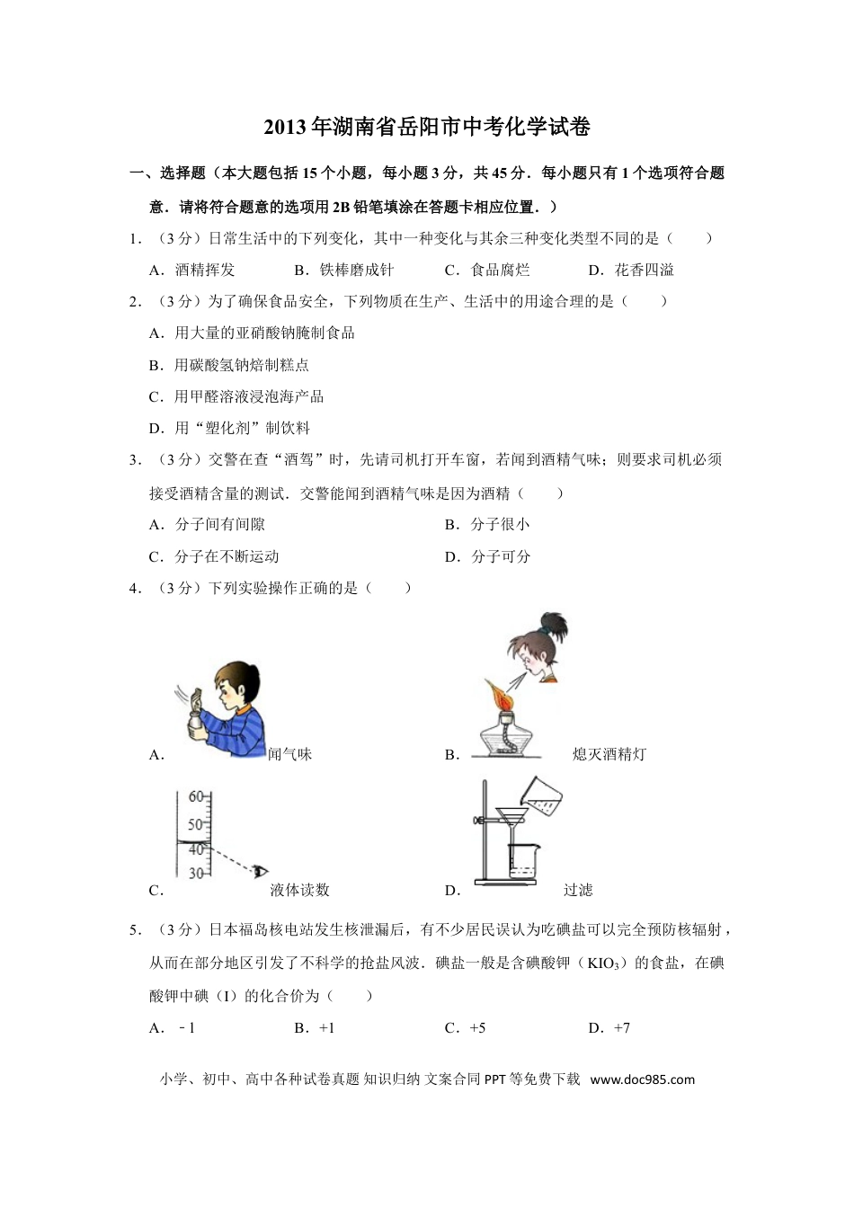 【中考历年真题】2013年湖南省岳阳市中考化学试卷（含解析版）.doc