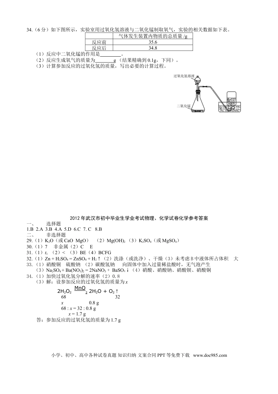 【中考历年真题】2012年武汉市中考化学试卷及答案.doc