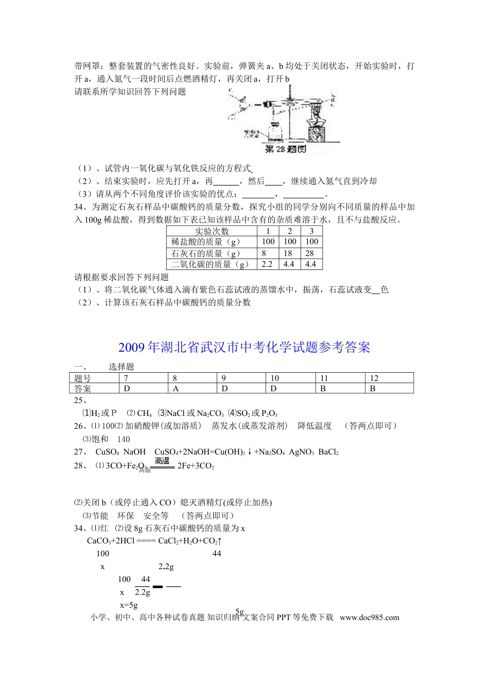 【中考历年真题】2009年武汉市中考化学试卷及答案.doc