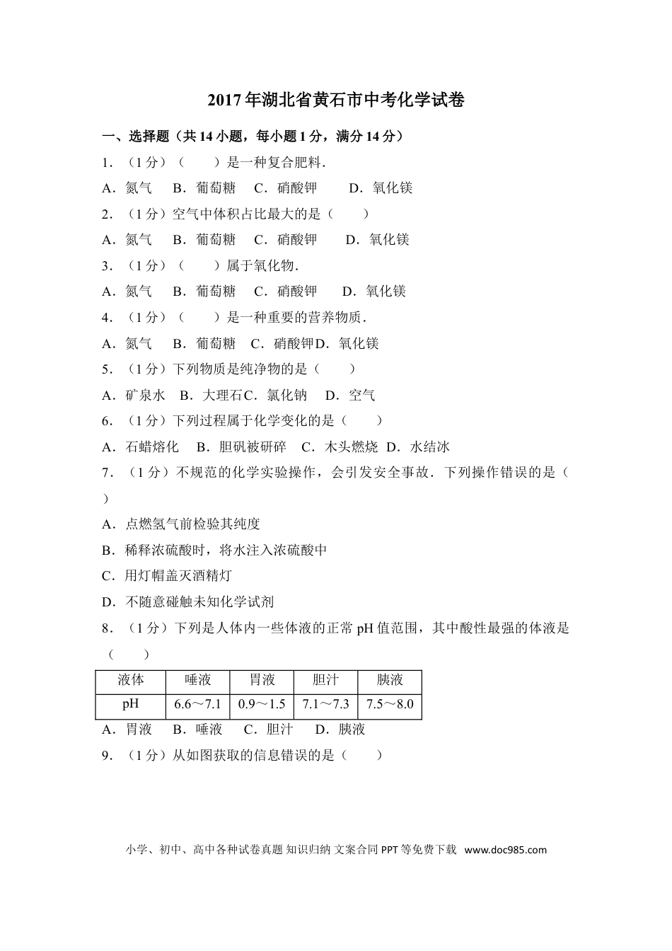 【中考历年真题】2017年湖北省黄石市中考化学试卷（含解析版）.doc