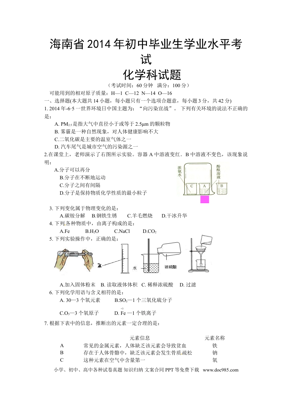 【中考历年真题】2014年海南中考化学试题及答案.doc
