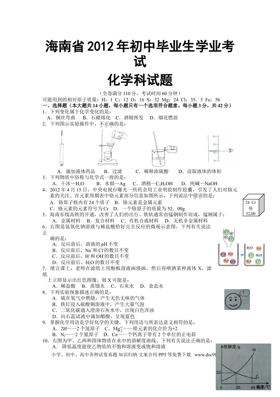 【中考历年真题】2012年海南中考化学试题及答案.doc