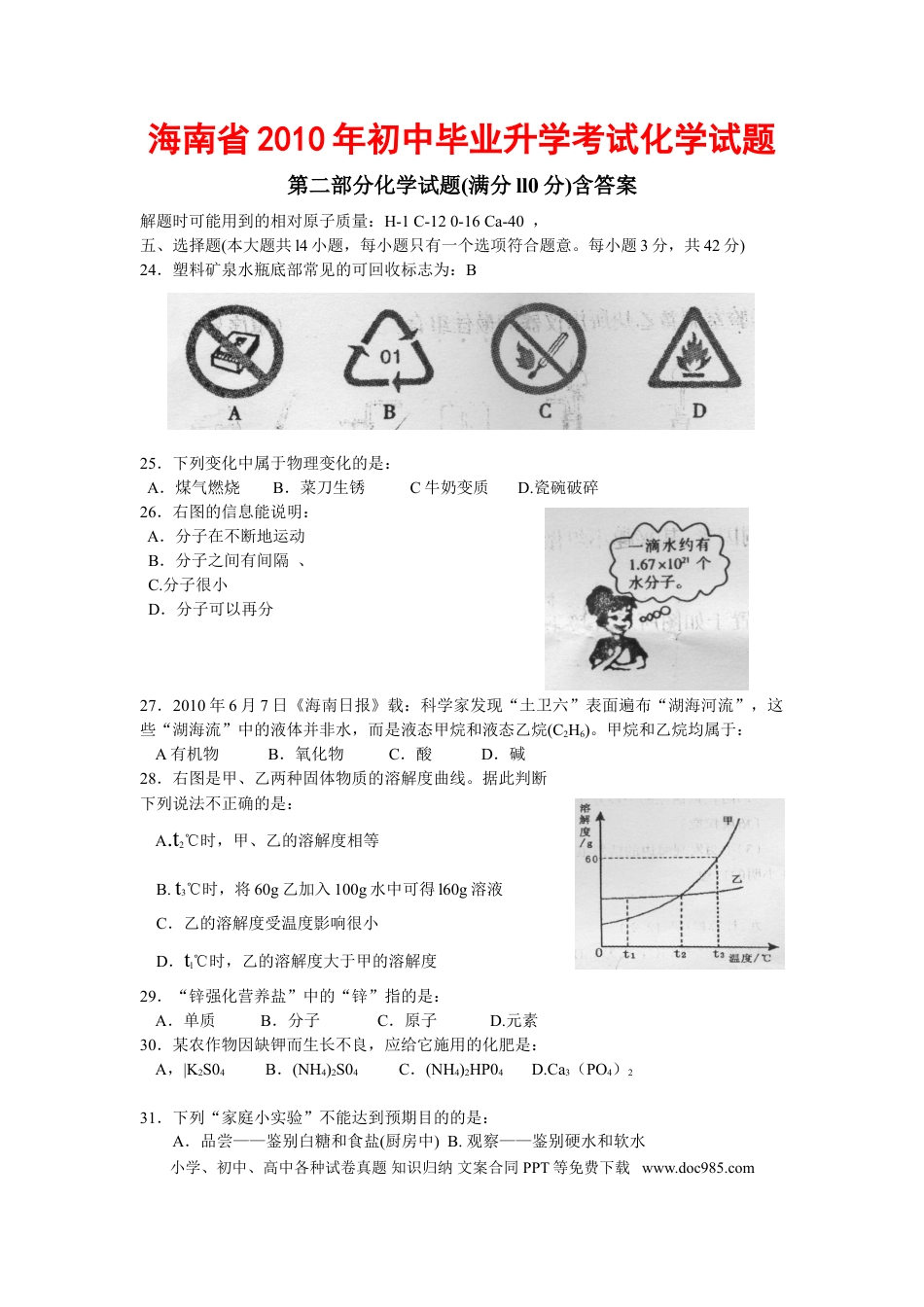 【中考历年真题】2010年海南中考化学试题及答案.doc