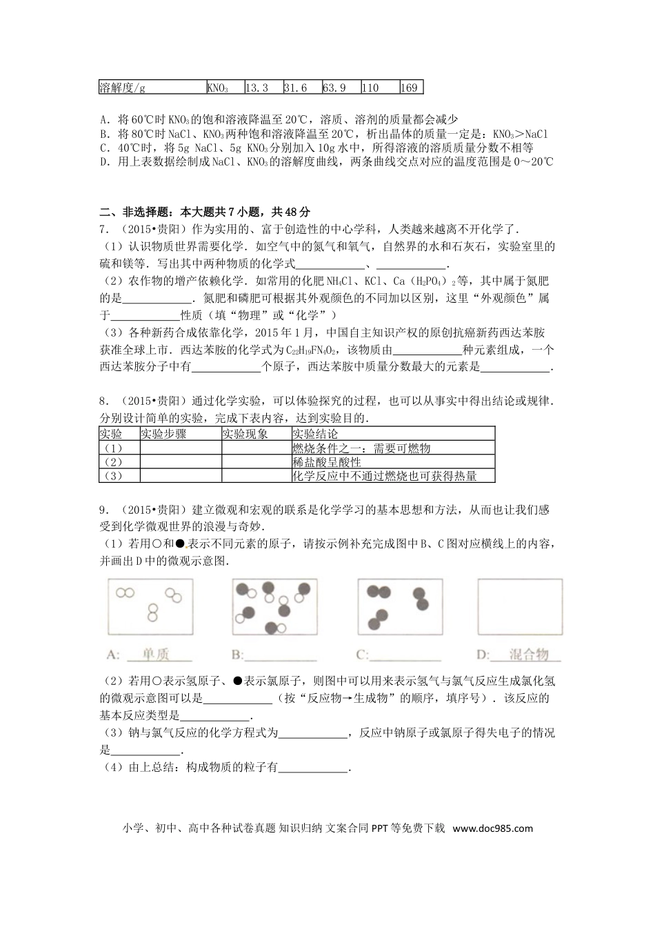 【中考历年真题】2015年贵州省贵阳市中考化学试卷及答案.doc