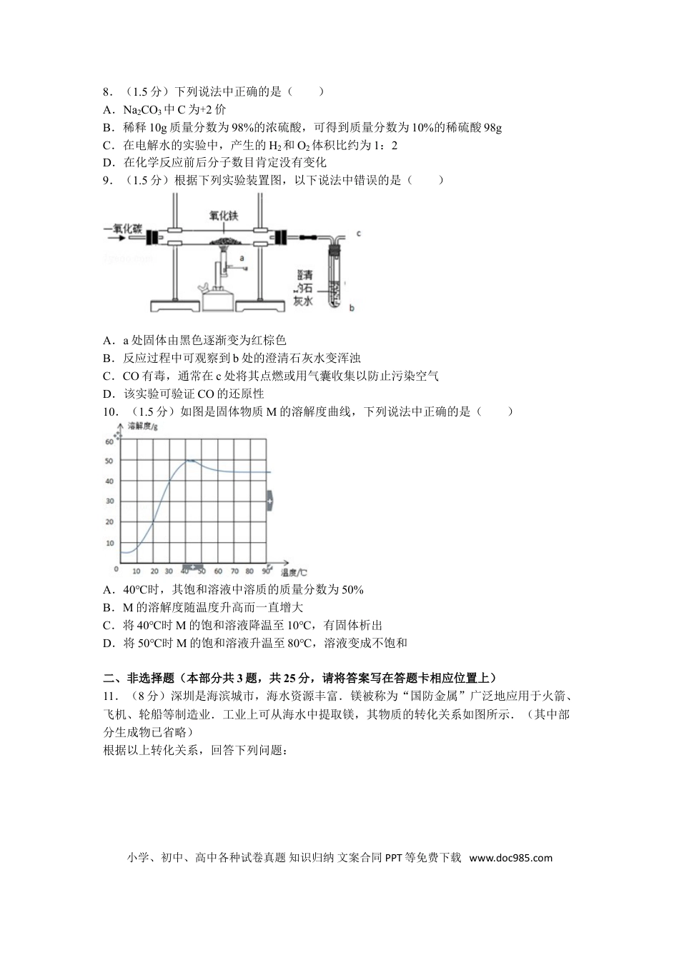 【中考历年真题】2016年广东省深圳市中考化学试题及参考答案.doc