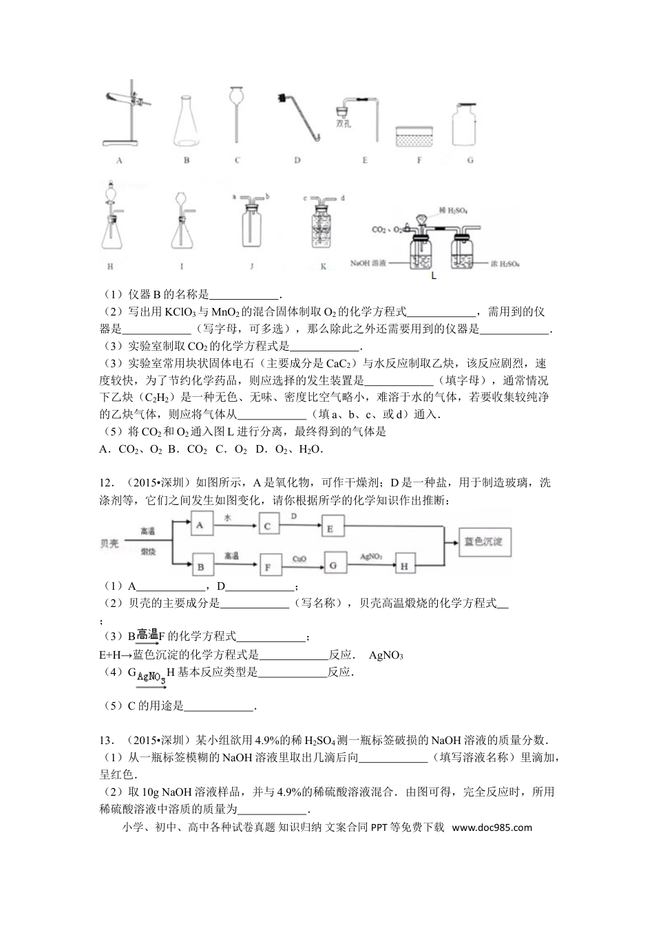 【中考历年真题】2015年广东省深圳市中考化学试题及参考答案.doc