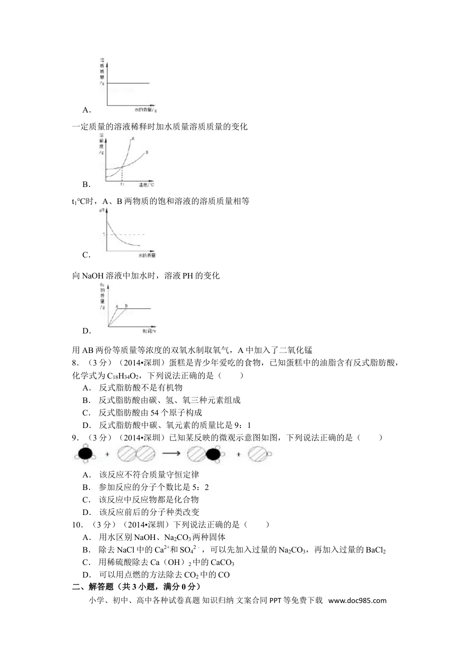 【中考历年真题】2014年广东省深圳市中考化学试题及参考答案.doc