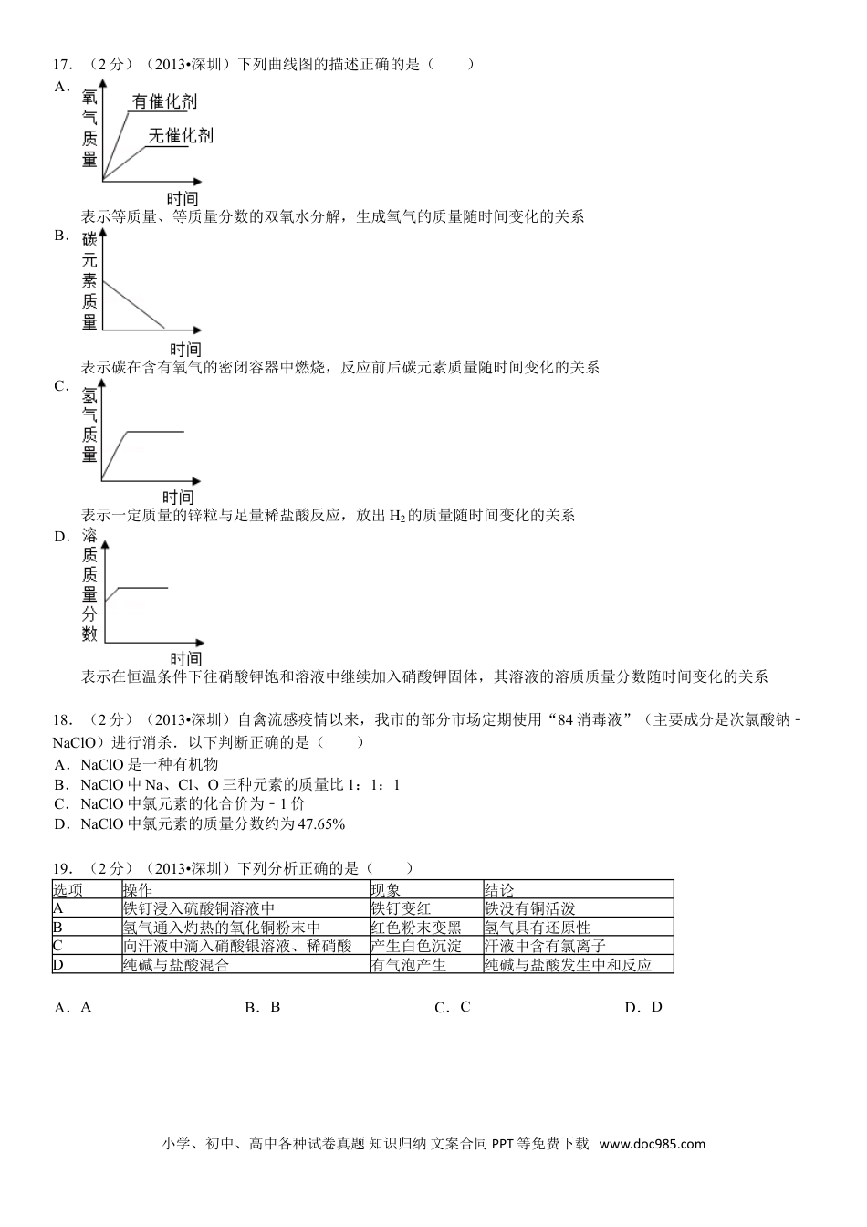 【中考历年真题】2013年广东省深圳市中考化学试题及参考答案.doc