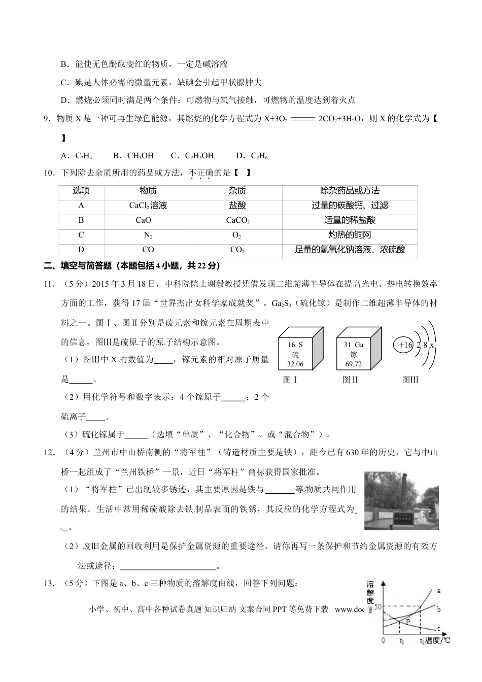 【中考历年真题】2015年甘肃省武威、白银、定西、平凉、酒泉、临夏州、张掖中考化学试题（原卷版）.doc