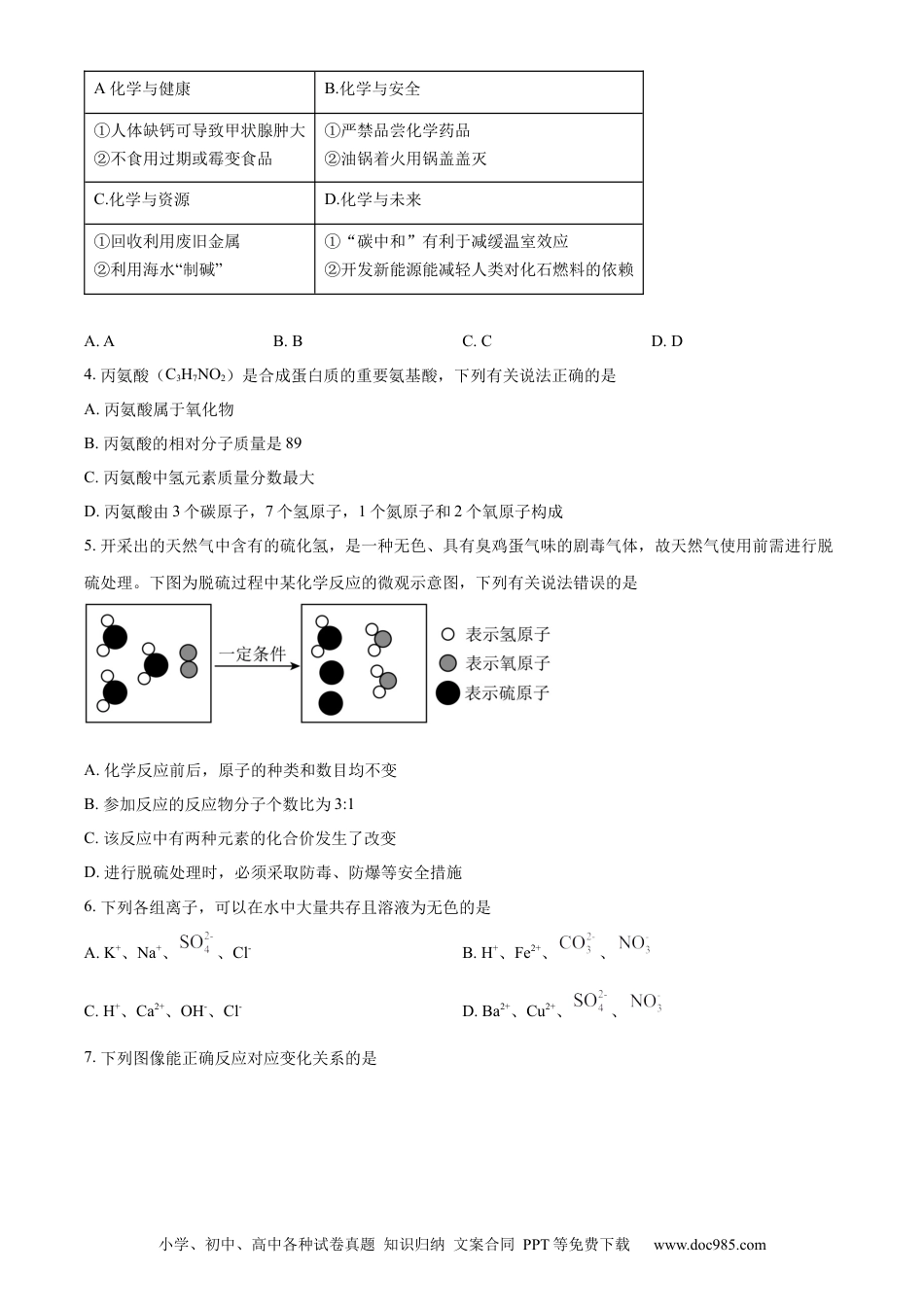 【中考历年真题】精品解析：2024年四川省达州市中考化学真题（原卷版）.docx