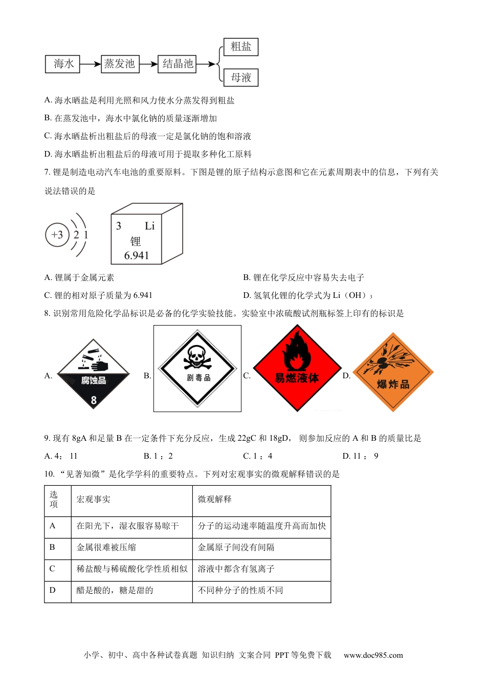 【中考历年真题】精品解析：山东省淄博市2023年中考化学真题（原卷版）.docx