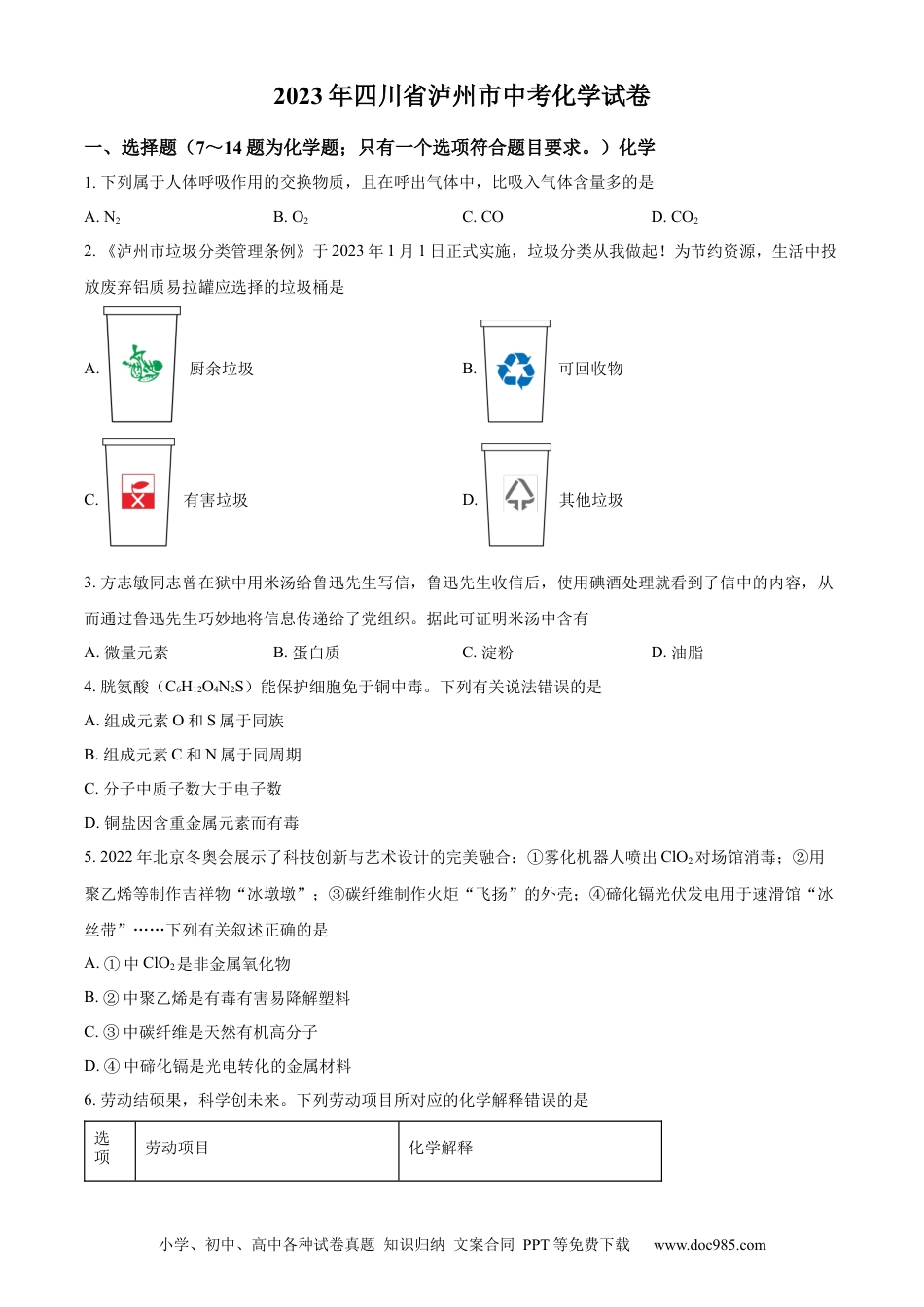 【中考历年真题】精品解析：2023年四川省泸州市中考化学真题（原卷版）.docx