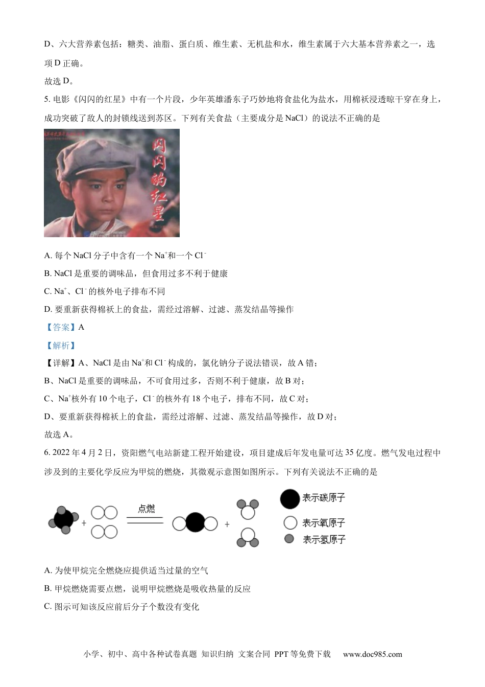 【中考历年真题】精品解析：2022年四川省资阳市中考化学真题（解析版）.docx