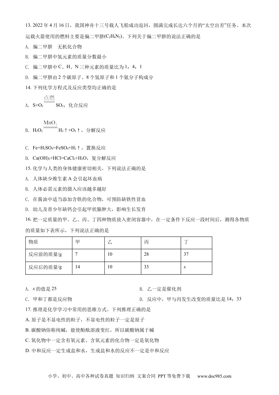 【中考历年真题】精品解析：2022年湖南省邵阳市初中学业水平模拟考试化学试题（原卷版）.docx